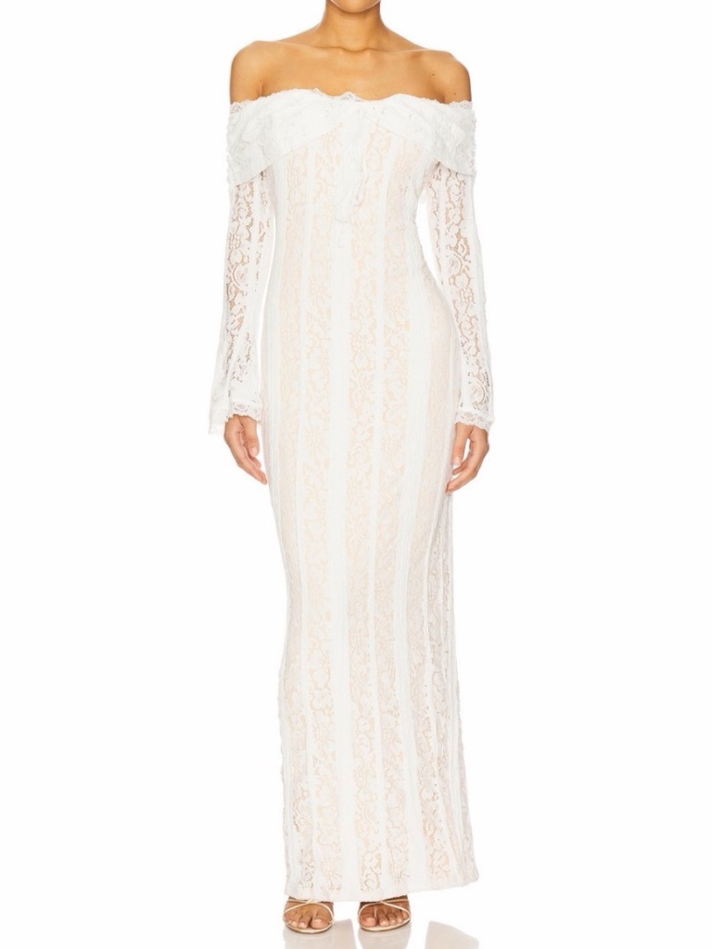 Off-Shoulder White Lace Maxi Dress